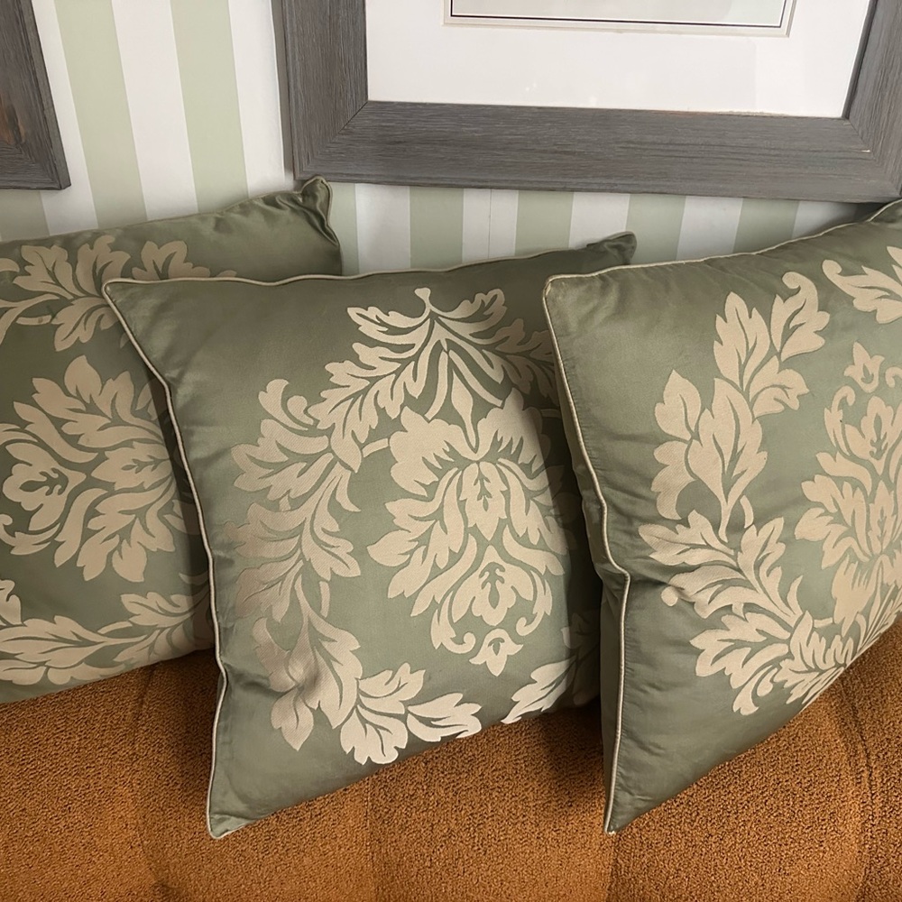 3 Restoration Hardware Silk  Green and Cream Pillow Set without inserts